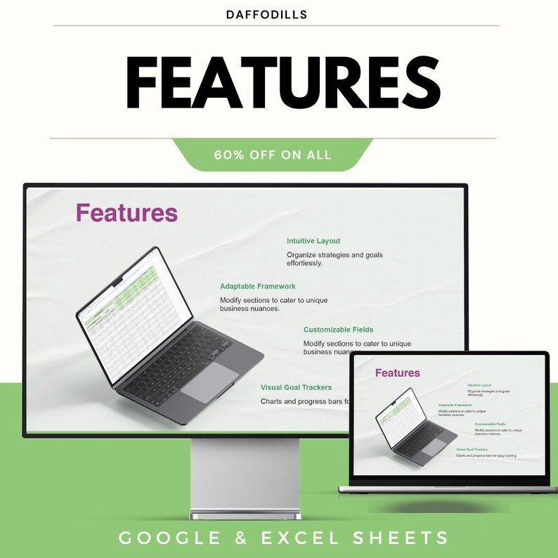 Op de afbeelding: Een promotionele afbeelding voor Google & Excel Sheets met het woord 'FEATURES' in vette zwarte letters. Twee laptops tonen een spreadsheet-interface, met tekst die functies zoals 'Intuitive Layout' en 'Adaptable Framework' benadrukt. Een groen banner zegt '60% KORTING OP ALLES'.