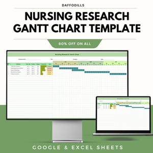 May include: A computer monitor and laptop displaying a Nursing Research Gantt Chart template. The text "NURSING RESEARCH GANTT CHART TEMPLATE" is at the top, with "60% OFF ON ALL" below it. The bottom reads "GOOGLE & EXCEL SHEETS".