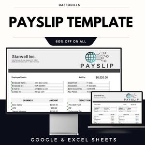 May include: A digital payslip template displayed on a computer monitor and laptop. The template includes sections for employee details, earnings, and deductions. The text "PAYSLIP TEMPLATE" is prominently displayed, with the words "GOOGLE & EXCEL SHEETS" at the bottom.
