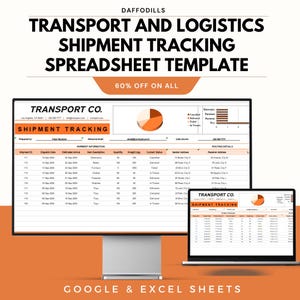 May include: A computer monitor and laptop displaying a shipment tracking spreadsheet template. The template includes data fields for item description, quantity, and status. The text "TRANSPORT AND LOGISTICS SHIPMENT TRACKING SPREADSHEET TEMPLATE" is at the top.