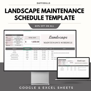 Könnte beinhalten: Eine digitale Vorlage für einen Landschaftspflegeplan, die auf einem Computermonitor und einem Laptop angezeigt wird. Die Vorlage enthält Abschnitte für Kundendetails, Gesamtkosten und einen detaillierten Wartungsplan. Der Text "LANDSCAPE MAINTENANCE SCHEDULE TEMPLATE" steht oben.