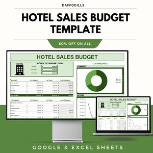 May include: A digital hotel sales budget template displayed on a computer monitor and laptop. The template features a green and white color scheme with sections for income, expenses, and a dashboard. Text includes "Hotel Sales Budget Template" and "Google & Excel Sheets."