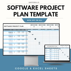 May include: A computer monitor and laptop displaying a software project plan template. The template includes a schedule with task details. Text on the image reads "SOFTWARE PROJECT PLAN TEMPLATE" and "GOOGLE & EXCEL SHEETS". There is a 60% off sale.