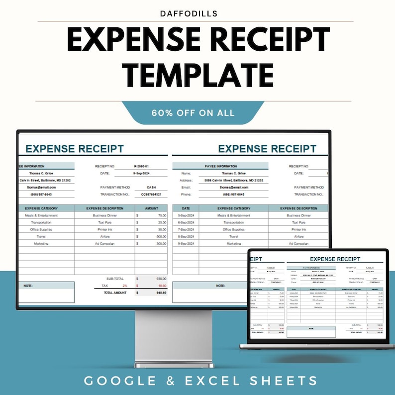 Expense Receipt Template for Google and Excel Sheets | Record and Track ...