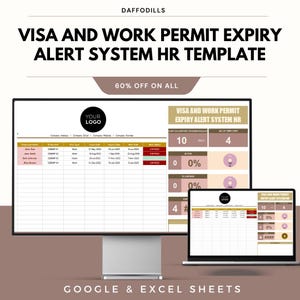 May include: A digital HR template for visa and work permit expiry alerts, displayed on a desktop monitor and laptop. The template includes a table with employee data and expiry dates, with the text "VISA AND WORK PERMIT EXPIRY ALERT SYSTEM HR TEMPLATE".