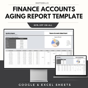 Peut inclure: Un écran d'ordinateur et un ordinateur portable affichent un modèle de rapport de vieillissement des comptes financiers. Le modèle comprend des graphiques, des tableaux et le texte "Finance Accounts Aging Report Template". L'image comprend également le texte "60% OFF ON ALL" et "GOOGLE & EXCEL SHEETS."