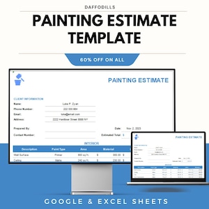 Può includere: Un modello digitale di preventivo di pittura visualizzato su un monitor di computer e un laptop. Il modello include campi per le informazioni sul cliente, il tipo di vernice, l'area e i costi dei materiali. Il testo "PAINTING ESTIMATE TEMPLATE" è ben visibile.