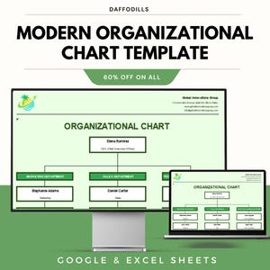 May include: A modern organizational chart template displayed on a computer monitor and a laptop. The chart is light green with white text and green boxes. The text includes "Organizational Chart", department names, and employee names. The image also includes the text "60% OFF ON ALL" and "GOOGLE & EXCEL SHEETS".