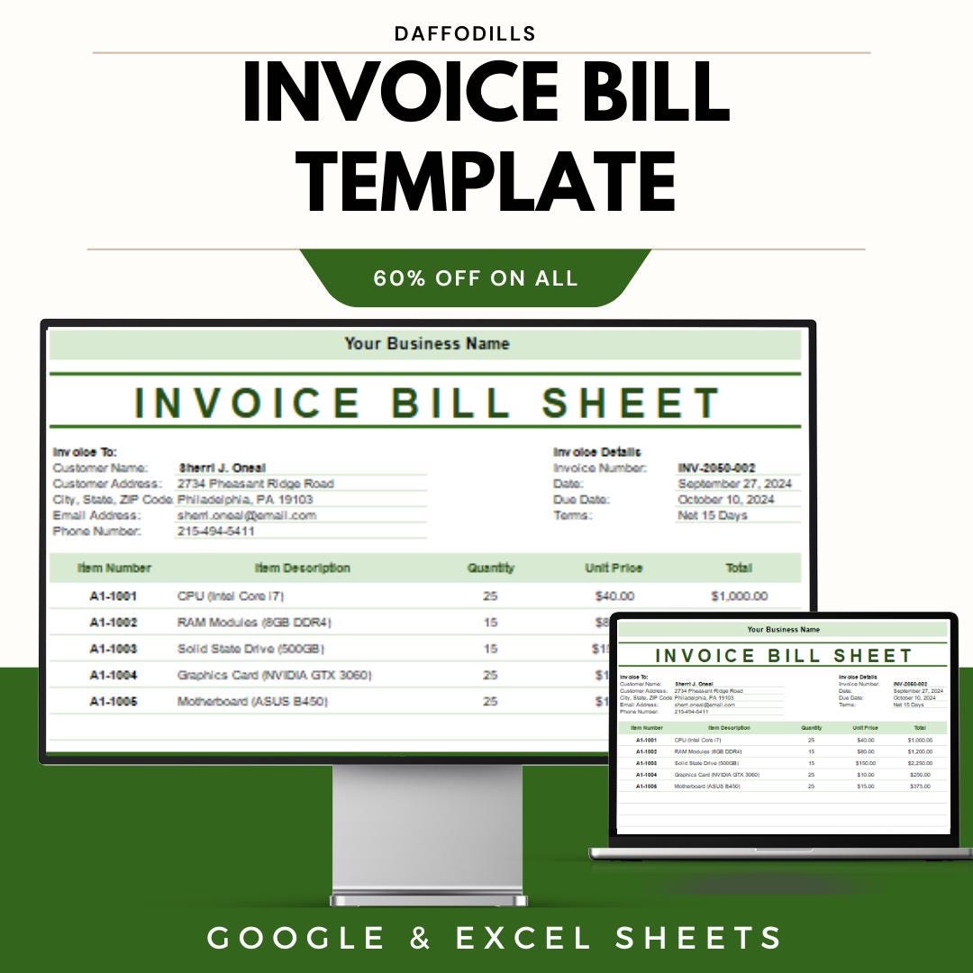 Invoice Bill Template, Excel and Google Sheets Invoice Generator ...