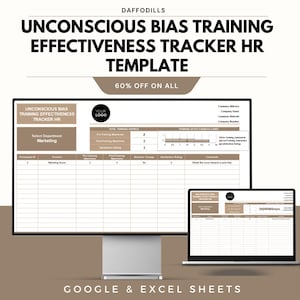 May include: A computer monitor and laptop display an "Unconscious Bias Training Effectiveness Tracker HR Template." The template includes sections for pre and post-training awareness, satisfaction ratings, and comments. The text "60% OFF ON ALL" is also visible.