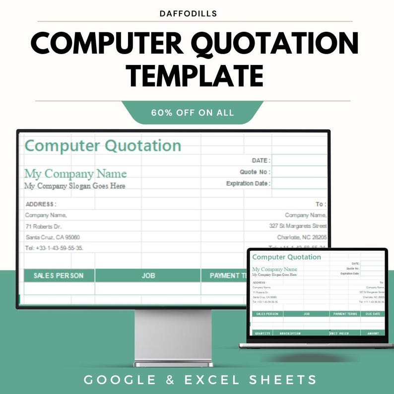 Puede incluir: Una pantalla de ordenador y un port&aacute;til muestran una "Plantilla de Presupuesto Inform&aacute;tico" con campos para informaci&oacute;n de la empresa, fechas y detalles de ventas. El texto "60% DE DESCUENTO EN TODO" es visible. Plantilla para Google y Excel.