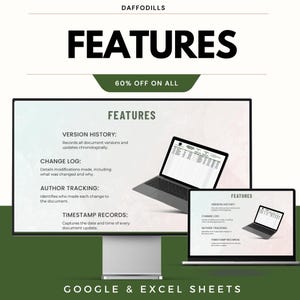 以下が含まれることがあります： GoogleとExcel Sheetsの機能を宣伝するデジタルグラフィック。 「FEATURES」という単語が目立つように表示されています。 画像には、バージョン履歴、変更ログ、作成者追跡、タイムスタンプレコードを説明するテキストとともに、スプレッドシートを表示する2台のラップトップが表示されています。