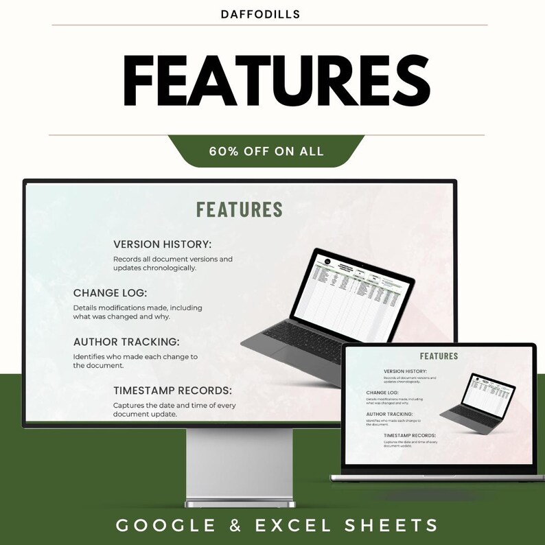 以下が含まれることがあります： GoogleとExcel Sheetsの機能を宣伝するデジタルグラフィック。 「FEATURES」という単語が目立つように表示されています。 画像には、バージョン履歴、変更ログ、作成者追跡、タイムスタンプレコードを説明するテキストとともに、スプレッドシートを表示する2台のラップトップが表示されています。