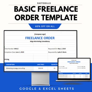May include: A digital image showcasing a freelance order template on a desktop monitor and a laptop. The template includes fields for order details, pricing, and a company logo. Text reads "BASIC FREELANCE ORDER TEMPLATE" and "60% OFF ON ALL".