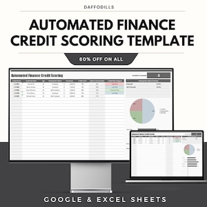 May include: A computer monitor and laptop displaying a finance credit scoring template. The text reads "AUTOMATED FINANCE CREDIT SCORING TEMPLATE" and "60% OFF ON ALL". The template is for Google & Excel Sheets.