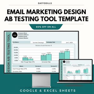 May include: A digital marketing design template with the text "EMAIL MARKETING DESIGN AB TESTING TOOL TEMPLATE" and "60% OFF ON ALL". The image shows a computer monitor and laptop displaying data charts and graphs. The text "GOOGLE & EXCEL SHEETS" is also visible.