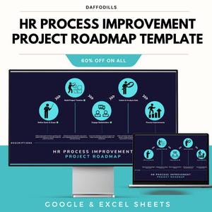 May include: A digital HR Process Improvement Project Roadmap Template displayed on a computer monitor and laptop. The template features a dark blue background with teal circular icons and text. The text includes "HR PROCESS IMPROVEMENT PROJECT ROADMAP TEMPLATE" and "60% OFF ON ALL".