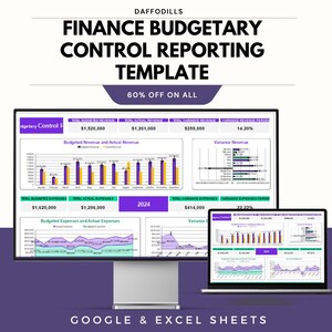 May include: A computer monitor and laptop displaying a finance budgetary control reporting template. The template includes charts and graphs with financial data. Text on the image reads "Finance Budgetary Control Reporting Template" and "Google & Excel Sheets."
