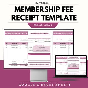 Puede incluir: Una plantilla digital para recibos de cuotas de membresía, que se muestra en un monitor de computadora y una computadora portátil. La plantilla incluye campos para el número de recibo, la fecha, la descripción y el importe. El texto "MEMBERSHIP FEE RECEIPT TEMPLATE" está en la parte superior, con "60% OFF ON ALL" debajo.