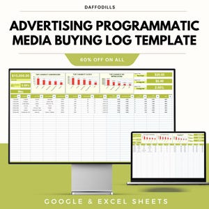 May include: A digital marketing template displayed on a desktop monitor and laptop. The template, titled "Advertising Programmatic Media Buying Log Template," shows data visualizations and spreadsheets. The image includes the text "60% OFF ON ALL" and "GOOGLE & EXCEL SHEETS."