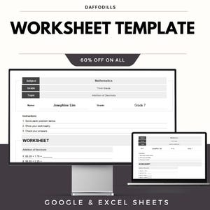 May include: A digital worksheet template displayed on a computer monitor and laptop. The worksheet is for mathematics, specifically addition of decimals, and is designed for third grade students. The text "WORKSHEET TEMPLATE" is prominently displayed.