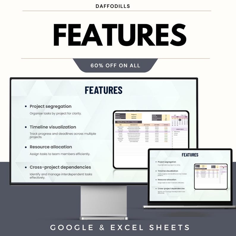 May include: A digital product advertisement with the word "FEATURES" in large, bold text. The image showcases a computer monitor, a tablet, and a laptop displaying project management features. Text includes "Project segregation," "Timeline visualization," and "Resource allocation."