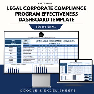 May include: A digital dashboard template for legal corporate compliance program effectiveness. The template is displayed on a desktop monitor and a laptop, showcasing data visualizations and charts. The text includes "Legal Corporate Compliance Program Effectiveness Dashboard Template" and "60% Off On All."