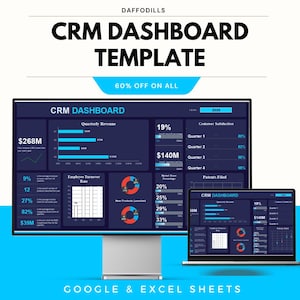 Peut inclure: Un modèle de tableau de bord CRM numérique affiché sur un écran d'ordinateur de bureau et un ordinateur portable. Le modèle présente des visualisations de données, des graphiques et des diagrammes avec le texte "CRM DASHBOARD TEMPLATE" et "60% OFF ON ALL".