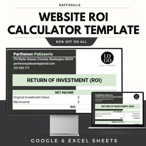 Op de afbeelding: Een computermonitor en een laptop tonen een website ROI calculator template. De template bevat secties voor netto-inkomen en return on investment, met de tekst "Parthenon Patisserie" en "Google & Excel Sheets". De afbeelding bevat ook de tekst "60% OFF ON ALL".