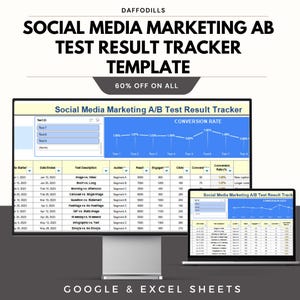 Peut inclure: Un modèle de marketing numérique affiché sur un écran d'ordinateur et un ordinateur portable. Le modèle est intitulé "Social Media Marketing A/B Test Result Tracker" et comprend des graphiques et des tableaux d'analyse de données. L'image contient également le texte "60% OFF ON ALL" et "GOOGLE & EXCEL SHEETS."