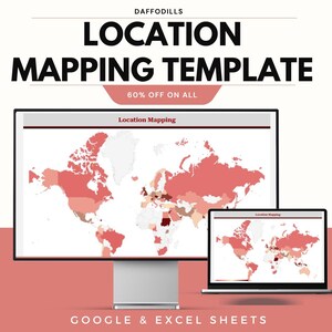 May include: A digital display of a world map with red and white color-coded regions, labeled "Location Mapping." The image also shows a laptop displaying the same map. Text includes "LOCATION MAPPING TEMPLATE" and "60% OFF ON ALL."