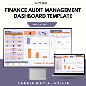 May include: A digital finance audit management dashboard template displayed on a computer monitor and laptop. The template includes charts, graphs, and data visualizations with the text "Finance Audit Management Dashboard Template" and "60% Off On All". The template is compatible with Google & Excel Sheets.