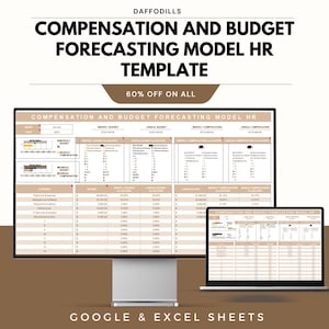 Puede incluir: Un monitor de computadora y una computadora portátil que muestran una plantilla de recursos humanos para la previsión de presupuestos y compensaciones. El texto en la pantalla incluye "Compensation and Budget Forecasting Model HR Template" y "60% off on all". La plantilla está diseñada para Google & Excel Sheets.