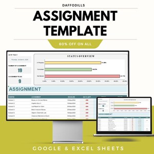 May include: A digital assignment template shown on a computer monitor and laptop. The template features a status overview with progress bars and an assignment list. Text on the screen reads "ASSIGNMENT TEMPLATE" and "GOOGLE & EXCEL SHEETS".
