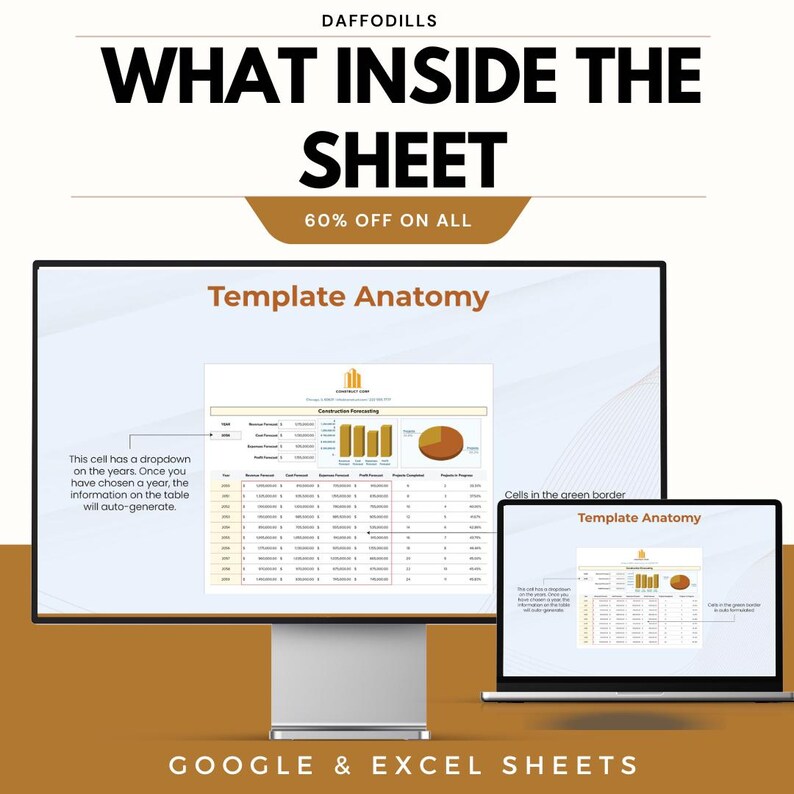 Op de afbeelding: Een computermonitor en een laptop tonen een spreadsheet sjabloon met de tekst "Template Anatomy". De afbeelding bevat de tekst "WHAT INSIDE THE SHEET" en "60% OFF ON ALL". De onderkant van de afbeelding luidt "GOOGLE & EXCEL SHEETS."
