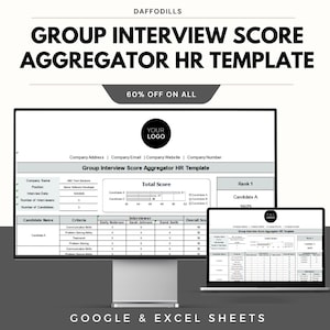 May include: A computer monitor and laptop display a "Group Interview Score Aggregator HR Template." The template includes sections for candidate scores, interviewer feedback, and overall scores. The text "60% OFF ON ALL" is also visible.