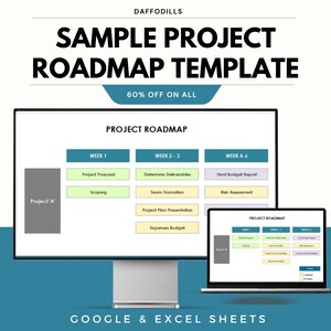 Puede incluir: Un monitor de computadora y una computadora portátil que muestran una plantilla de hoja de ruta del proyecto. La plantilla incluye secciones para propuestas de proyectos, entregables e informes presupuestarios. El texto de la imagen dice "Sample Project Roadmap Template" y "60% off on all."