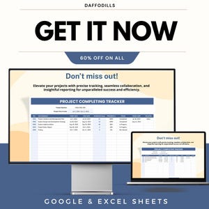 K&ouml;nnte beinhalten: Ein Computermonitor und ein Laptop, die eine Projektverfolgungs-Tabelle anzeigen. Das Bild enth&auml;lt den Text "GET IT NOW" und "60% OFF ON ALL". Die Tabelle ist f&uuml;r Google & Excel Sheets.