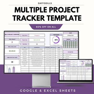 Peut inclure: Un mod&egrave;le de suivi de projet num&eacute;rique affich&eacute; sur un &eacute;cran d'ordinateur et un ordinateur portable. Le mod&egrave;le comprend des sections pour l'aper&ccedil;u du projet, l'avancement des t&acirc;ches et un calendrier. Le texte "MULTIPLE PROJECT TRACKER TEMPLATE" est en haut.