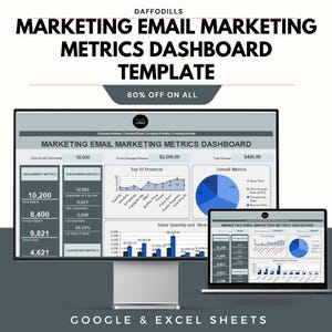 Könnte beinhalten: Eine digitale Marketing-Dashboard-Vorlage, die auf einem Computermonitor und Laptop angezeigt wird. Die Vorlage enthält Diagramme und Grafiken für E-Mail-Marketing-Kennzahlen. Der Text auf dem Bildschirm lautet "Marketing Email Marketing Metrics Dashboard Template". Das Bild enthält auch den Text "60% OFF ON ALL".