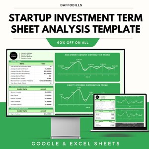 May include: A digital template for startup investment term sheet analysis. The image shows a computer monitor and laptop displaying charts and data tables with green and white color scheme. The text includes "Startup Investment Term Sheet Analysis Template" and "Google & Excel Sheets".