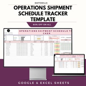 Op de afbeelding: Een computermonitor en een laptop tonen een spreadsheet met de titel "Operations Shipment Schedule Tracker Template". De spreadsheet toont gegevens, waaronder productnamen, hoeveelheden en leverdata. De tekst "60% OFF ON ALL" is ook aanwezig.