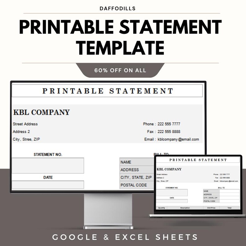 Printable Statement Template, Editable Billing Statement Sheet, Google ...