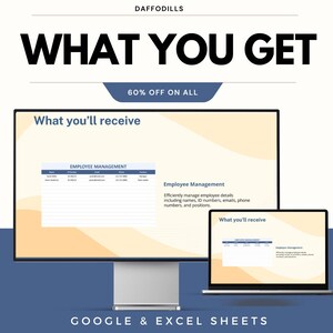 K&ouml;nnte beinhalten: Werbebild mit dem Text "WHAT YOU GET" in fetten schwarzen Buchstaben. Darunter steht "60% OFF ON ALL". Das Bild zeigt einen Computermonitor und einen Laptop, die Tabellen mit "EMPLOYEE MANAGEMENT" und "GOOGLE & EXCEL SHEETS" anzeigen.