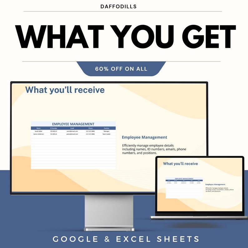 K&ouml;nnte beinhalten: Werbebild mit dem Text "WHAT YOU GET" in fetten schwarzen Buchstaben. Darunter steht "60% OFF ON ALL". Das Bild zeigt einen Computermonitor und einen Laptop, die Tabellen mit "EMPLOYEE MANAGEMENT" und "GOOGLE & EXCEL SHEETS" anzeigen.