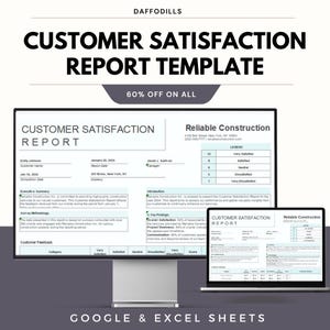 Puede incluir: Una plantilla de informe de satisfacción del cliente que se muestra en un monitor de computadora y una computadora portátil. La plantilla incluye secciones para comentarios de clientes y hallazgos clave. También es visible el texto "60% OFF ON ALL".