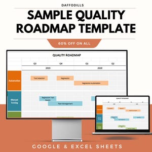 May include: A computer monitor and laptop display a "Quality Roadmap Template" with a grid layout. The template includes sections for automation and manual testing, with text labels and timelines. The image also includes the text "60% OFF ON ALL" and "GOOGLE & EXCEL SHEETS".