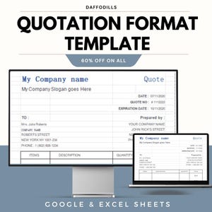 Könnte beinhalten: Eine digitale Angebotsvorlage, die auf einem Computermonitor und einem Laptop angezeigt wird. Die Vorlage enthält Felder für Unternehmensinformationen, Kundendaten und Artikelbeschreibungen. Der Text "QUOTATION FORMAT TEMPLATE" steht oben, darunter "60% OFF ON ALL".