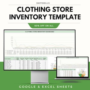 Peut inclure: Un écran d'ordinateur et un ordinateur portable affichent un modèle d'inventaire de magasin de vêtements. Le modèle comprend des graphiques et des tableaux de données. Le texte à l'écran indique "CLOTHING STORE INVENTORY DASHBOARD". L'image comprend également le texte "60% OFF ON ALL" et "GOOGLE & EXCEL SHEETS".