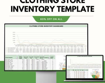May include: A computer monitor and laptop display a clothing store inventory template. The template includes charts and data tables. The text on the screen reads "CLOTHING STORE INVENTORY DASHBOARD". The image also includes the text "60% OFF ON ALL" and "GOOGLE & EXCEL SHEETS".
